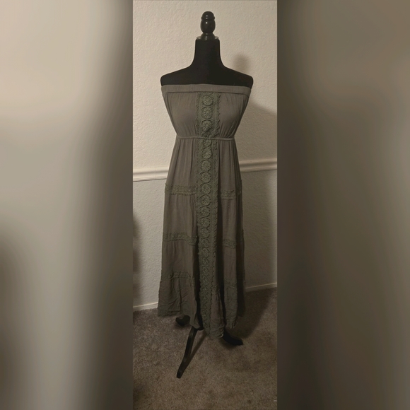 Justify Dresses & Skirts - Olive Green Strapless Lace-Trim Maxi Dress